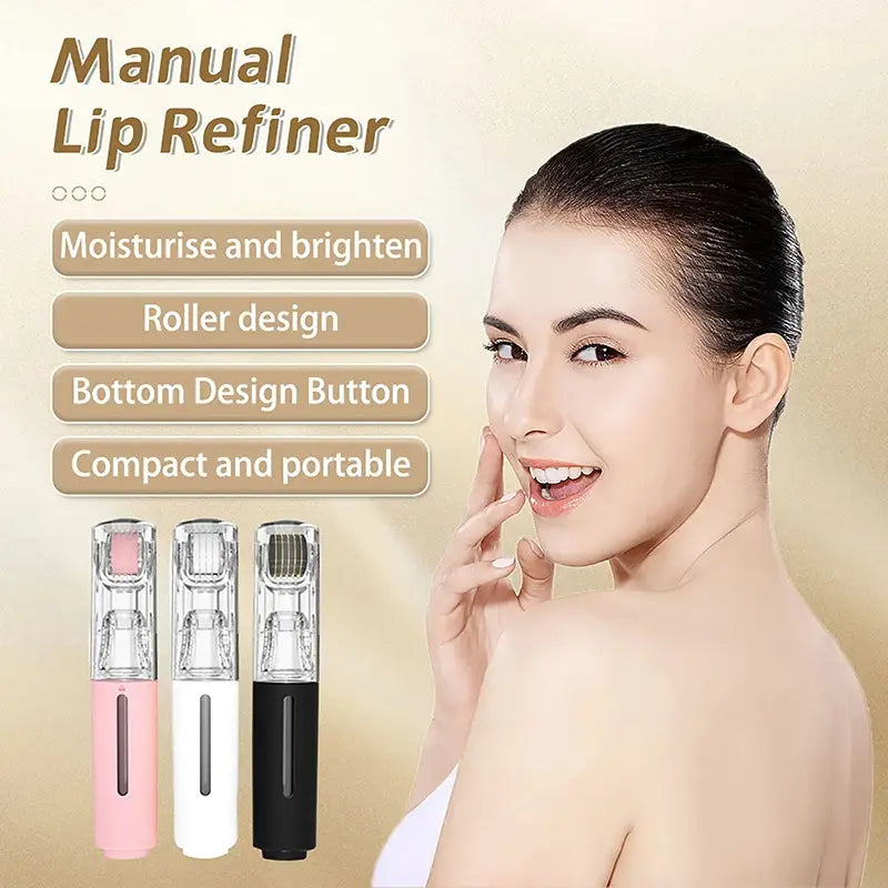 Rodillo compacto de microagujas para hidratación, con aplicador para suero de labios y barba, con diseño de rodillo disponible en rosa, blanco y negro.