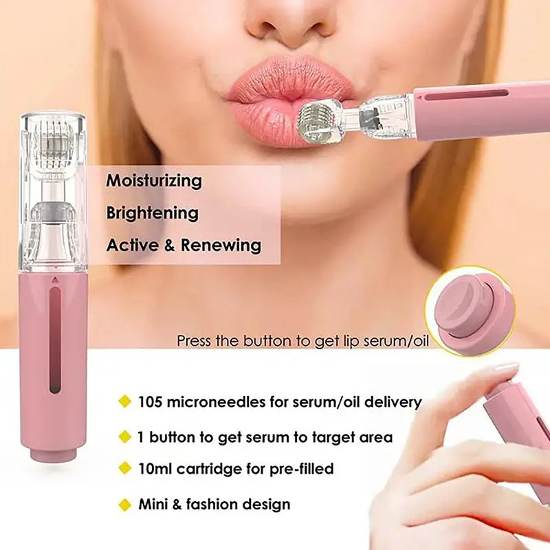 Rodillo de hidratación con microagujas portátil en rosa, con barril de vidrio transparente y cabezal de aguja metálico para la aplicación del suero de labios y barba.