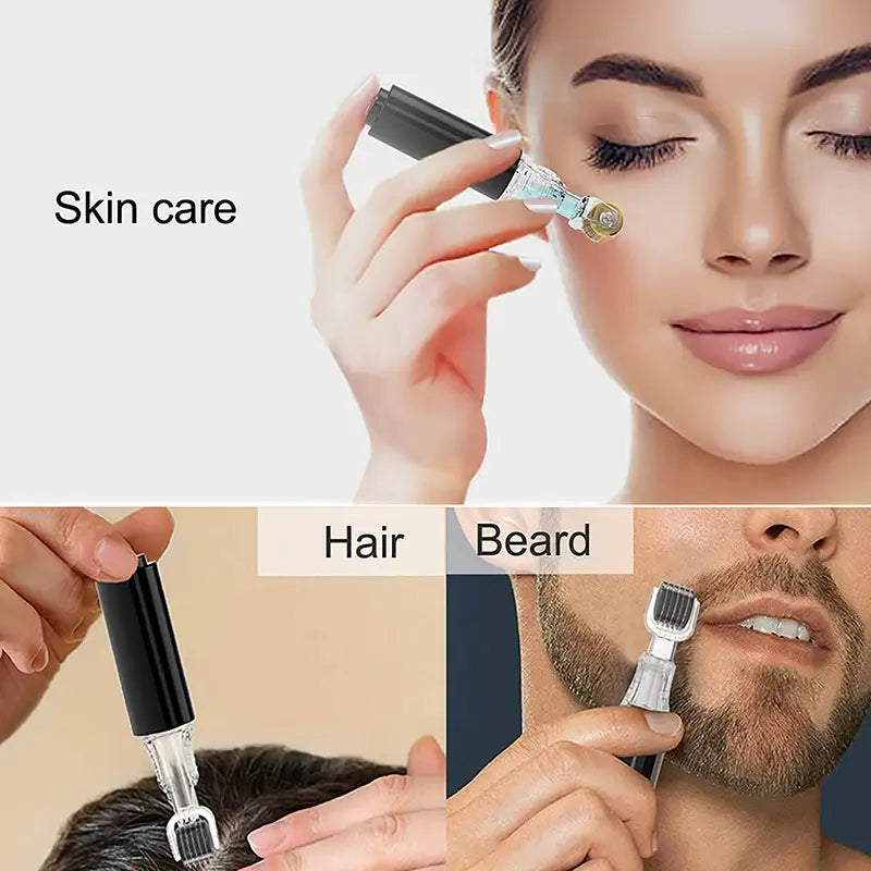Rodillo de hidratación con microagujas en negro y plateado, con mango cilíndrico y cabeza pequeña y redondeada para el tratamiento del suero de labios y barba.