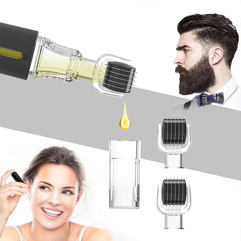 Rodillo de hidratación con microagujas de plástico transparente, con cabeza de rodillo negra y accesorios intercambiables, diseñado para la aplicación del suero de labios y barba.