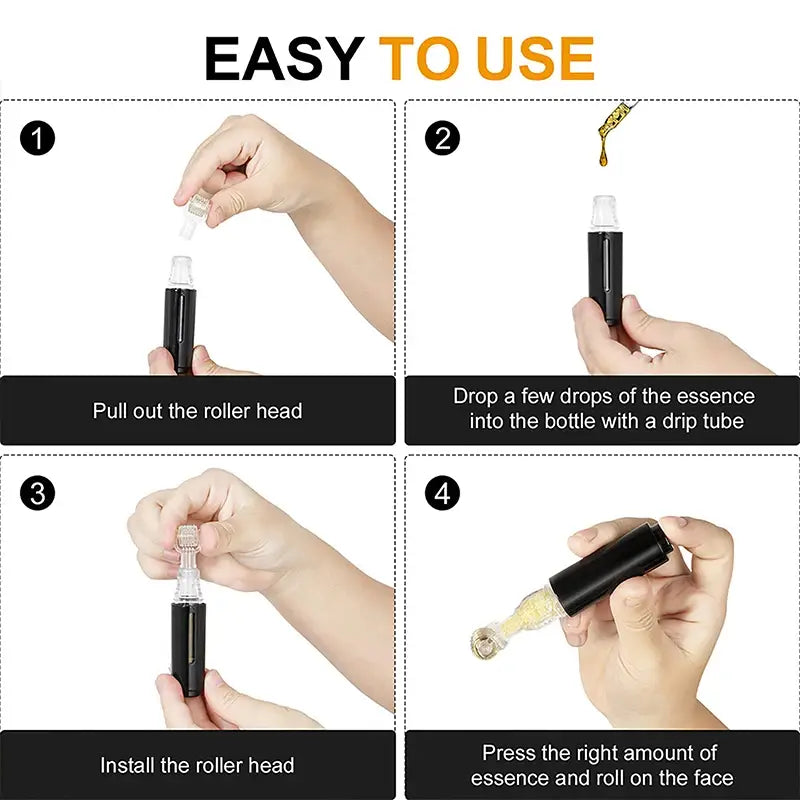 Rodillo de hidratación con microagujas cilíndrico en negro, con tapa transparente y cabeza de rodillo de tono dorado para la aplicación del suero de labios y barba.
