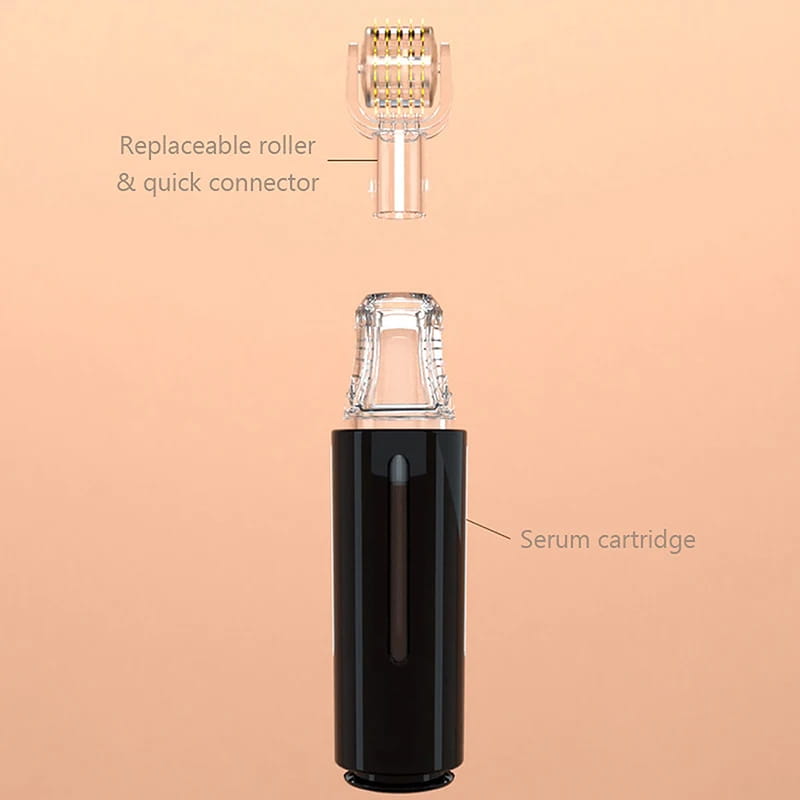 Rodillo de hidratación con microagujas en negro, con cartucho transparente de suero y accesorio de rodillo reemplazable con punta dorada para la aplicación del suero de labios y barba.