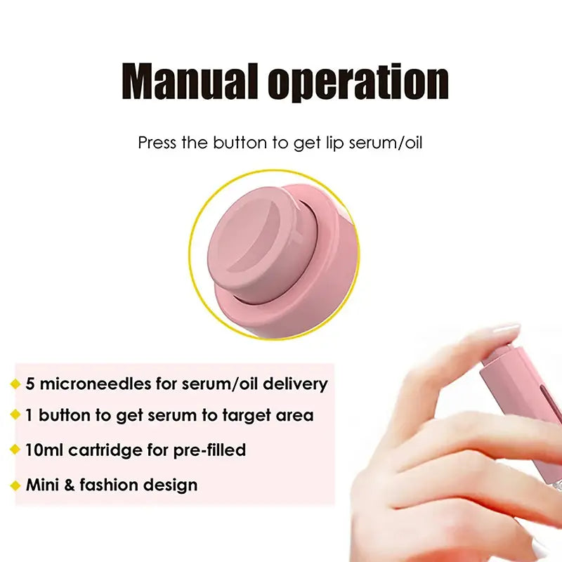 Rodillo de hidratación con microagujas portátil en rosa, con un botón diseñado para la entrega dirigida del suero de labios y barba.