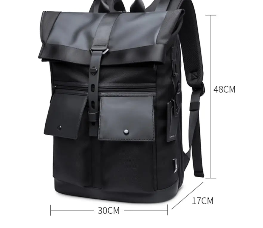 Black men’s 16 inch roll top laptop backpack made of durable nylon fabric with a sleek modern design