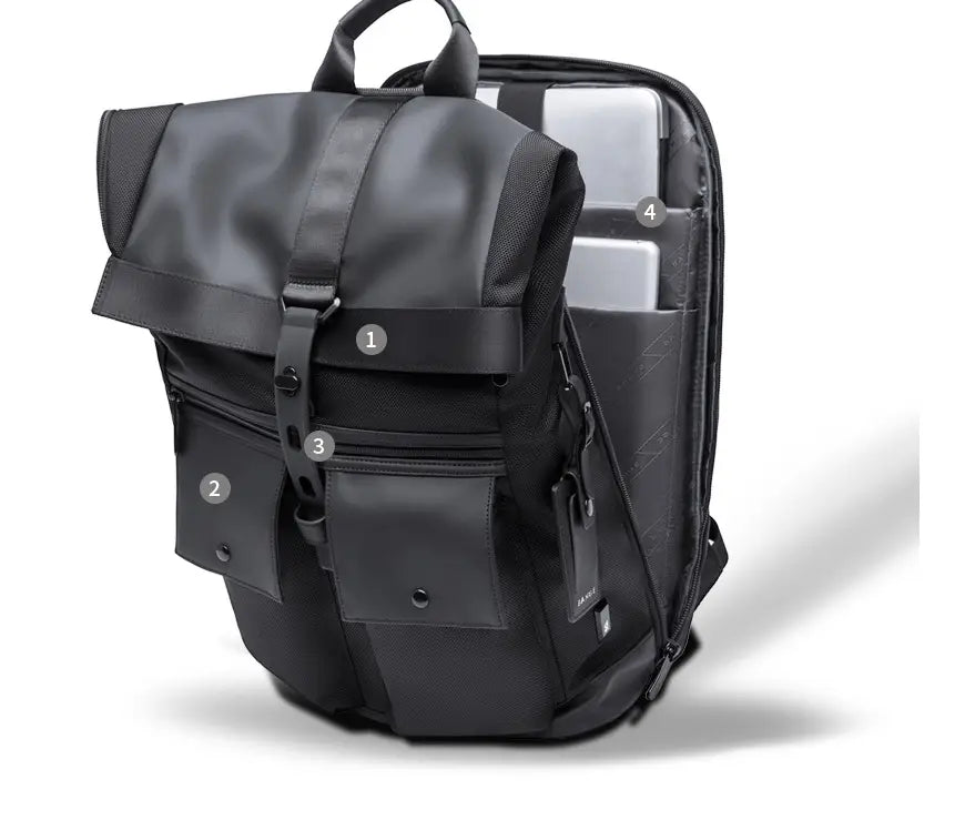 Black roll top laptop backpack made of durable nylon with a sleek minimalist design suitable for carrying a 16 inch men’s laptop