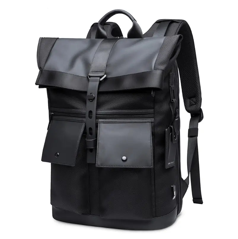 Men’s 16 inch roll top laptop backpack in black nylon with a sleek modern design featuring durable fabric and faux leather accents.