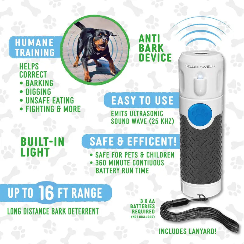 青色の円形ボタンと「Bell」および「Howell」のブランド表記を備えた、白と黒のテクスチャ素材の超音波式ドッグトレーナー用ハンドヘルド無駄吠え抑制デバイス