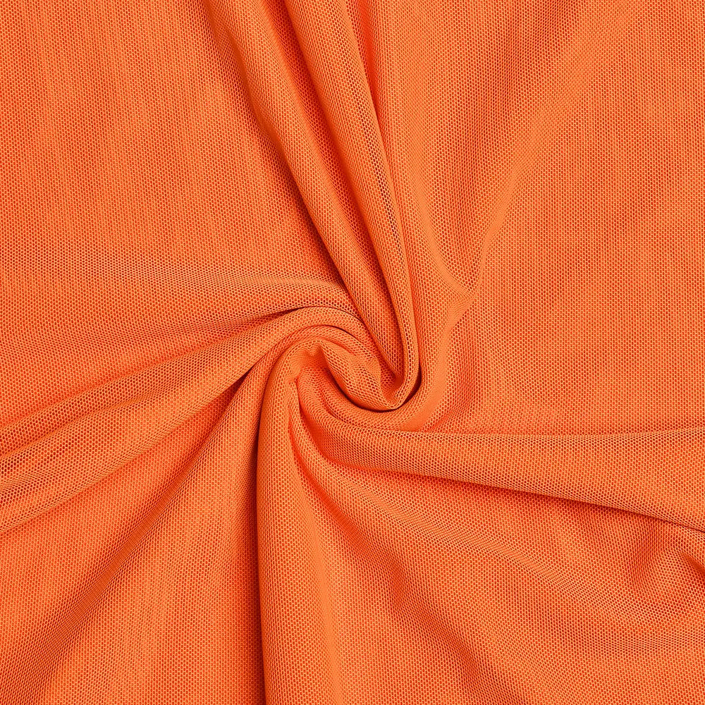 Midikleid aus orangefarbenem Spitzeinfasstungs-Mesh mit kräftig orangefarbenem gestricktem Stoff mit strukturiertem Rippmuster.