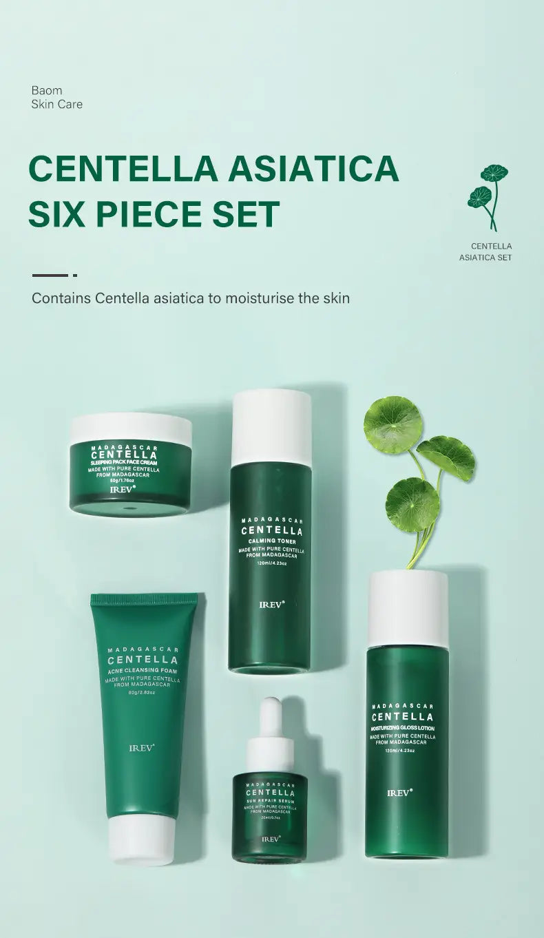 Grünes und weißes Centella-asiatica-5-teiliges Gesichtspflege-Set von irev mit sechs schlanken zylindrischen Flaschen und minimalistischem Etikettendruck zur beruhigenden Hautpflege von baeum skin care