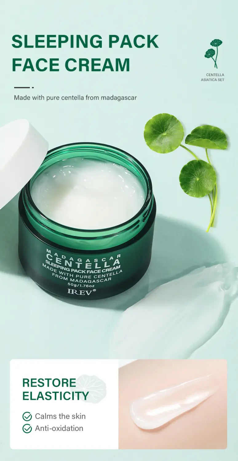 Grünes Glasgefäß mit irev-Madagascar-Centella-Sleeping-Pack-Gesichtcreme mit weißem Cremeinhalt aus Centella asiatica, 5-teiliges Gesichtspflege-Set von irev.