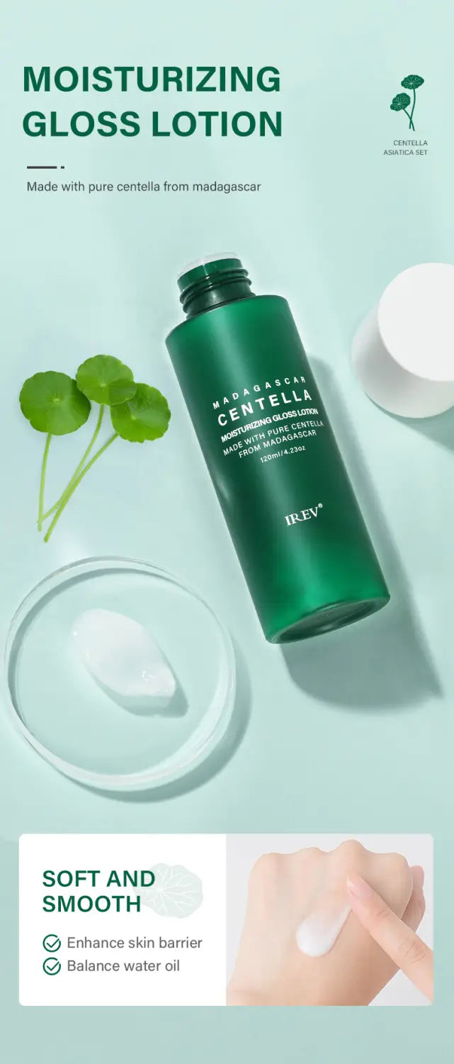 Grüne Glasflasche mit irev-Feuchtigkeitspflege-Gloss-Lotion, weißem Verschluss und minimalistischem Etikett, das „Madagascar Centella“ aus dem Centella-asiatica-5-teiligen Gesichtspflege-Set hervorhebt