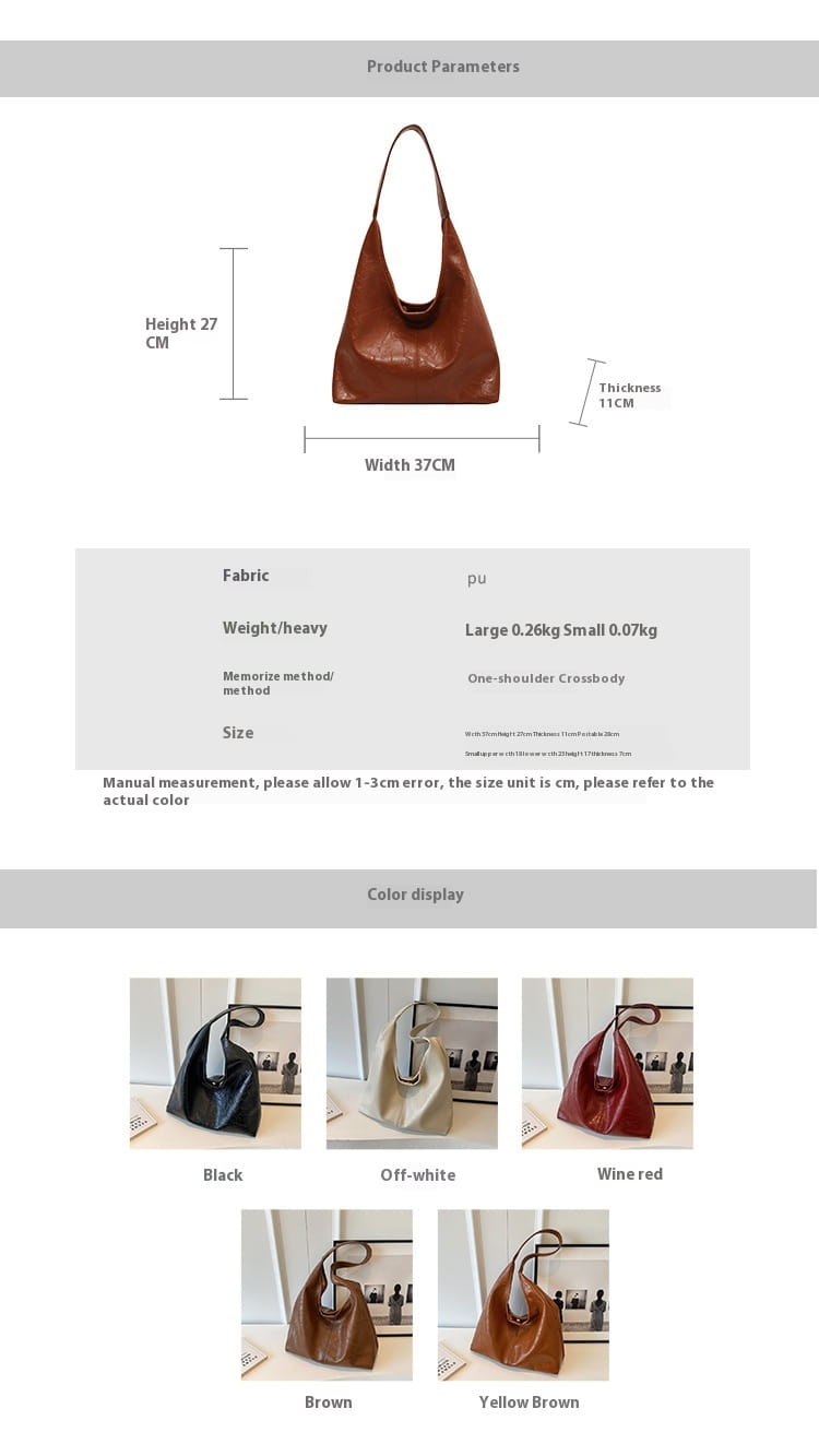 Braune PU-Leder-Schulter-Umhängetasche mit schlankem, minimalistischem Design und großer Kapazität im Stil einer Vintage-Leder-Tragetasche.