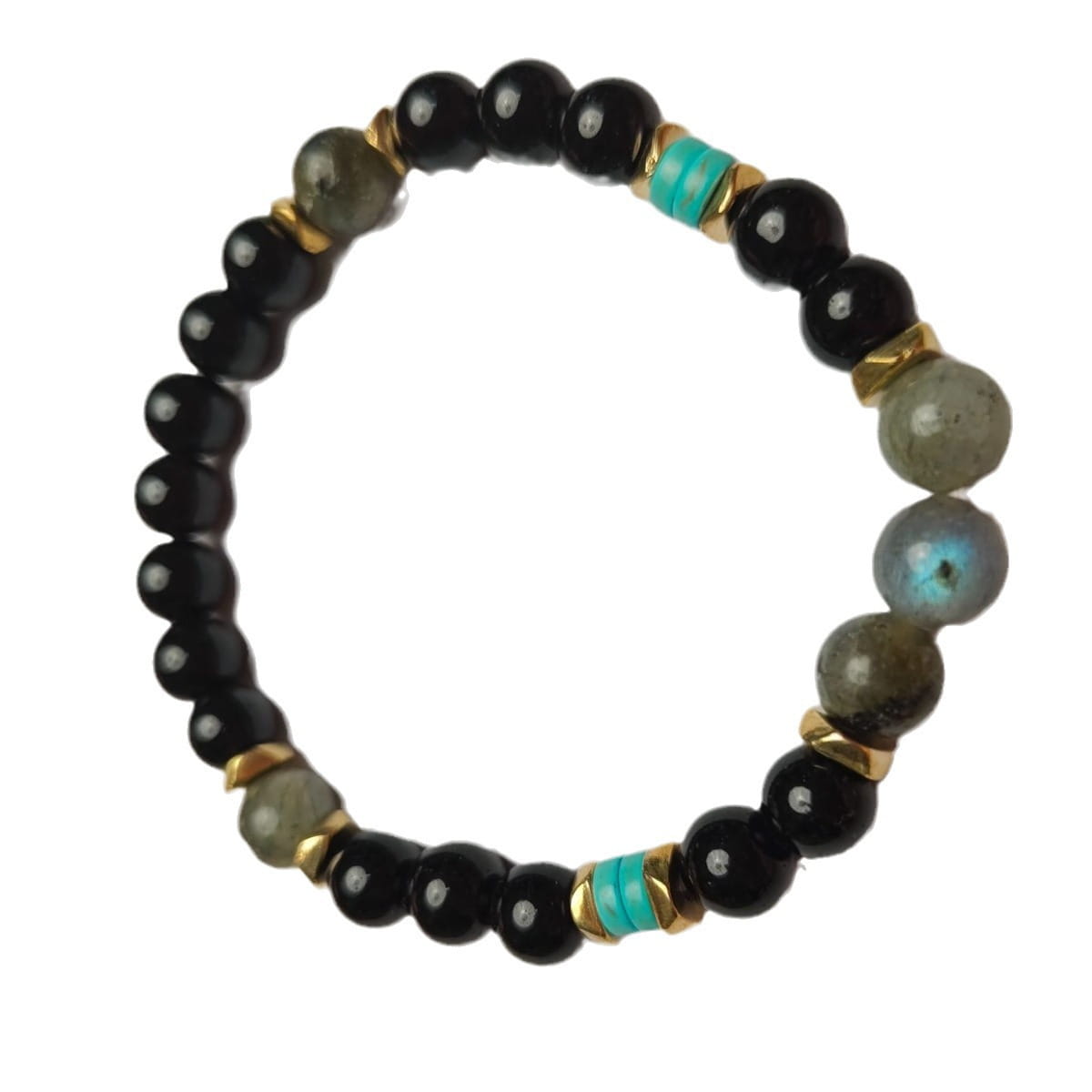 Natural amethyst and magnetic stone beaded unisex bracelet featuring black and turquoise labradorite beads with gold-toned spacers.