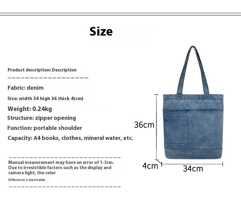 Blue denim tote bag with front pocket zipper opening embroidered slogan and soft handle made of denim material.