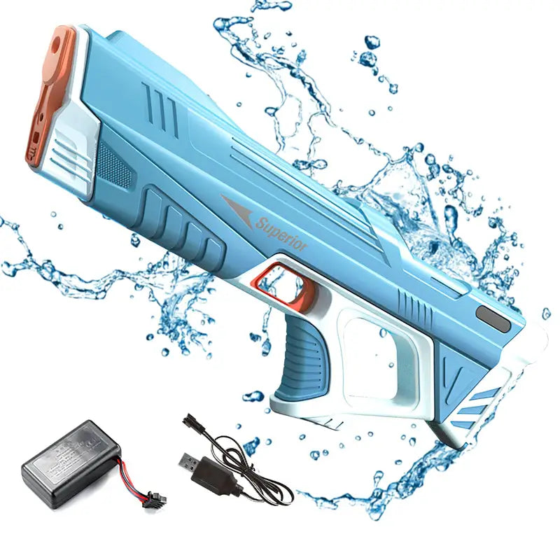 Electric water gun automatic induction burst toy made of light blue and white plastic with orange accents featuring a superior logo on the side.