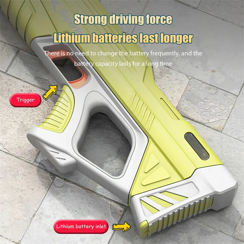 Electric water gun automatic induction burst toy made of lime green and white plastic with textured grip trigger and battery compartment.