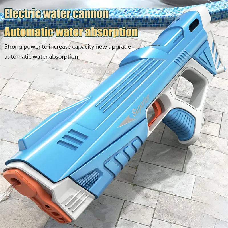 Blue and white plastic electric water gun with orange accents featuring automatic induction burst technology for toy use.