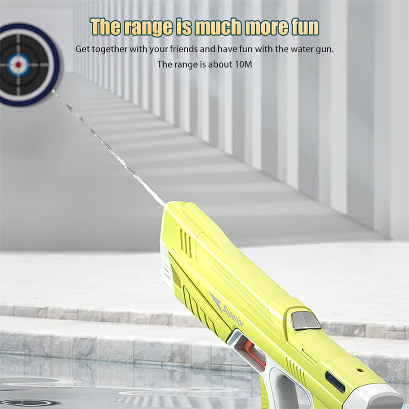 Bright yellow plastic electric water gun with white accents and red trigger featuring automatic induction burst toy functionality.