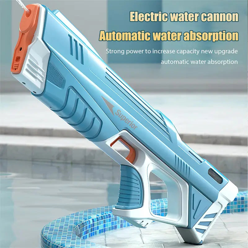Electric water gun automatic induction burst toy in light blue and white with orange accents featuring a sleek plastic design.