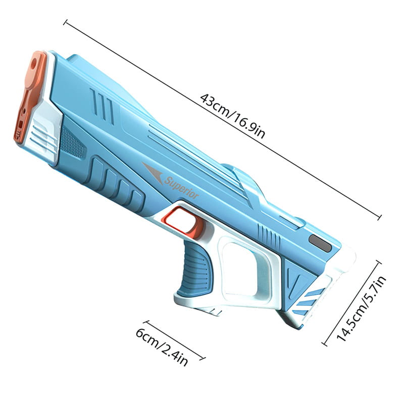 Light blue and white plastic electric water gun with orange accents featuring automatic induction burst functionality.