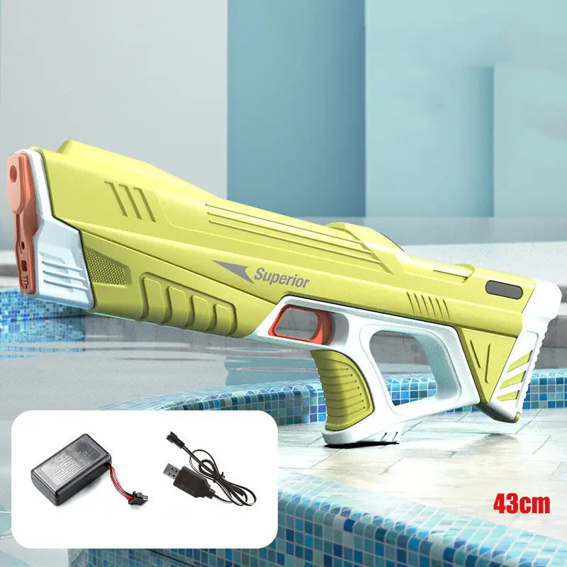 Electric water gun automatic induction burst toy in bright yellow and white with orange accents featuring a superior logo on its side.