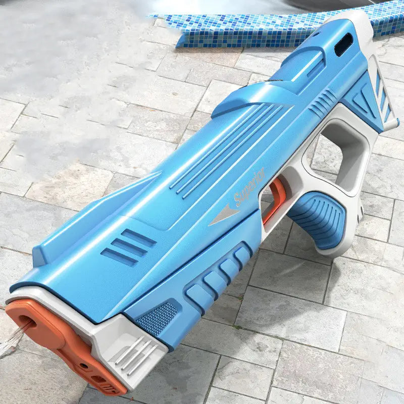 Blue and white plastic electric water gun automatic induction burst toy with orange accents designed for water play.