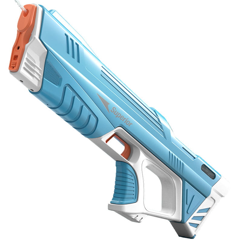 Light blue and white plastic electric water gun with orange accents and a textured grip featuring the Superior brand logo for automatic induction burst toy use.