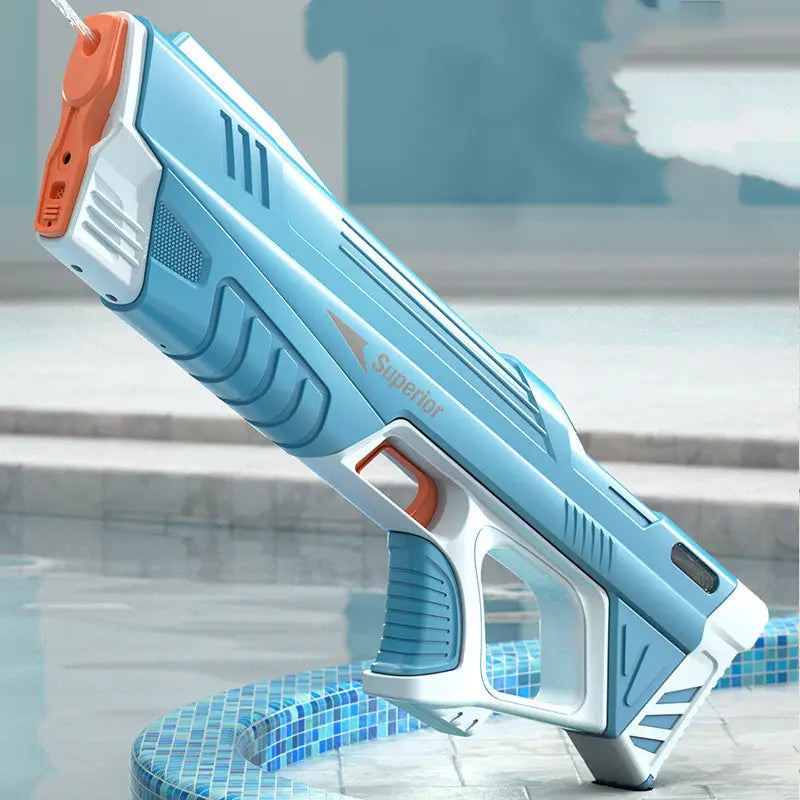 Electric water gun automatic induction burst toy made of light blue and white plastic with orange accents featuring a sleek futuristic design.