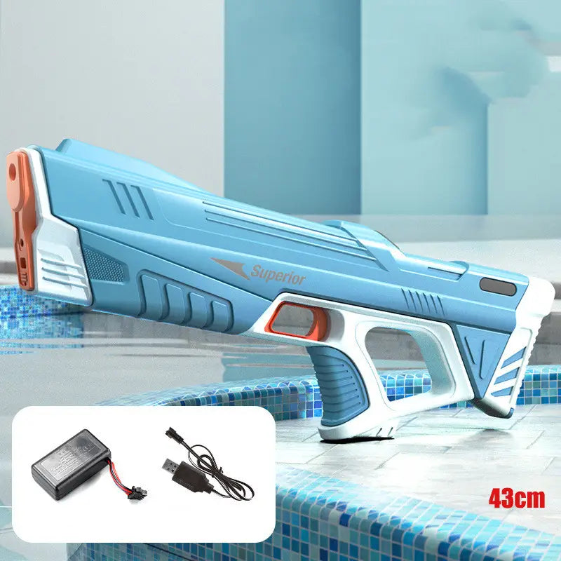 Electric water gun automatic induction burst toy made of light blue and white plastic with orange accents featuring a superior logo on the side.