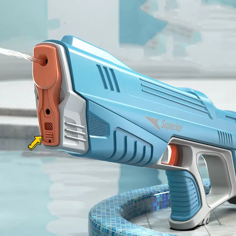Light blue and orange plastic electric water gun with gray accents and superior logo featuring automatic induction burst toy functionality.