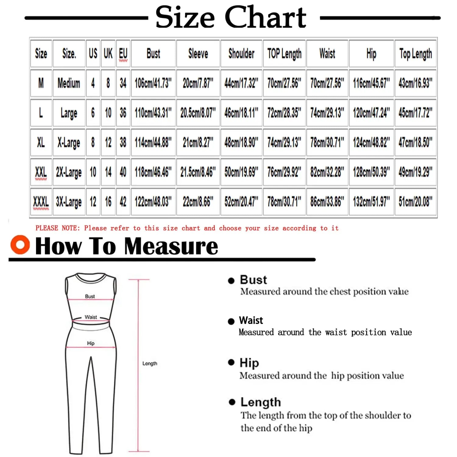 Size chart for tropical palm tree short sleeve athletic set displaying measurements for women’s top and pants including bust sleeve shoulder waist hip and length dimensions.