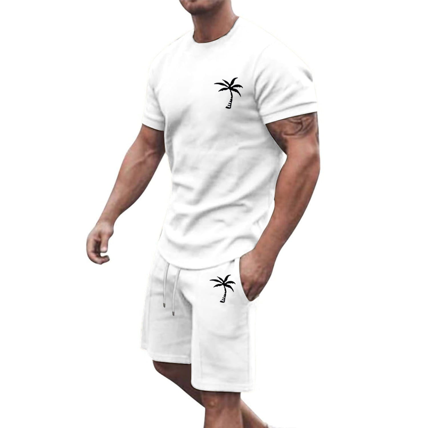 white tropical palm tree printed short-sleeve athletic t-shirt and matching shorts set designed for casual and sporty wear