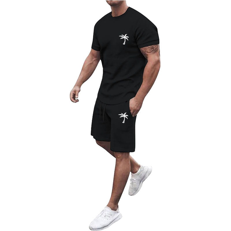 black tropical-themed short sleeve athletic set with white palm tree embroidery on t-shirt and matching shorts perfect for sportswear.