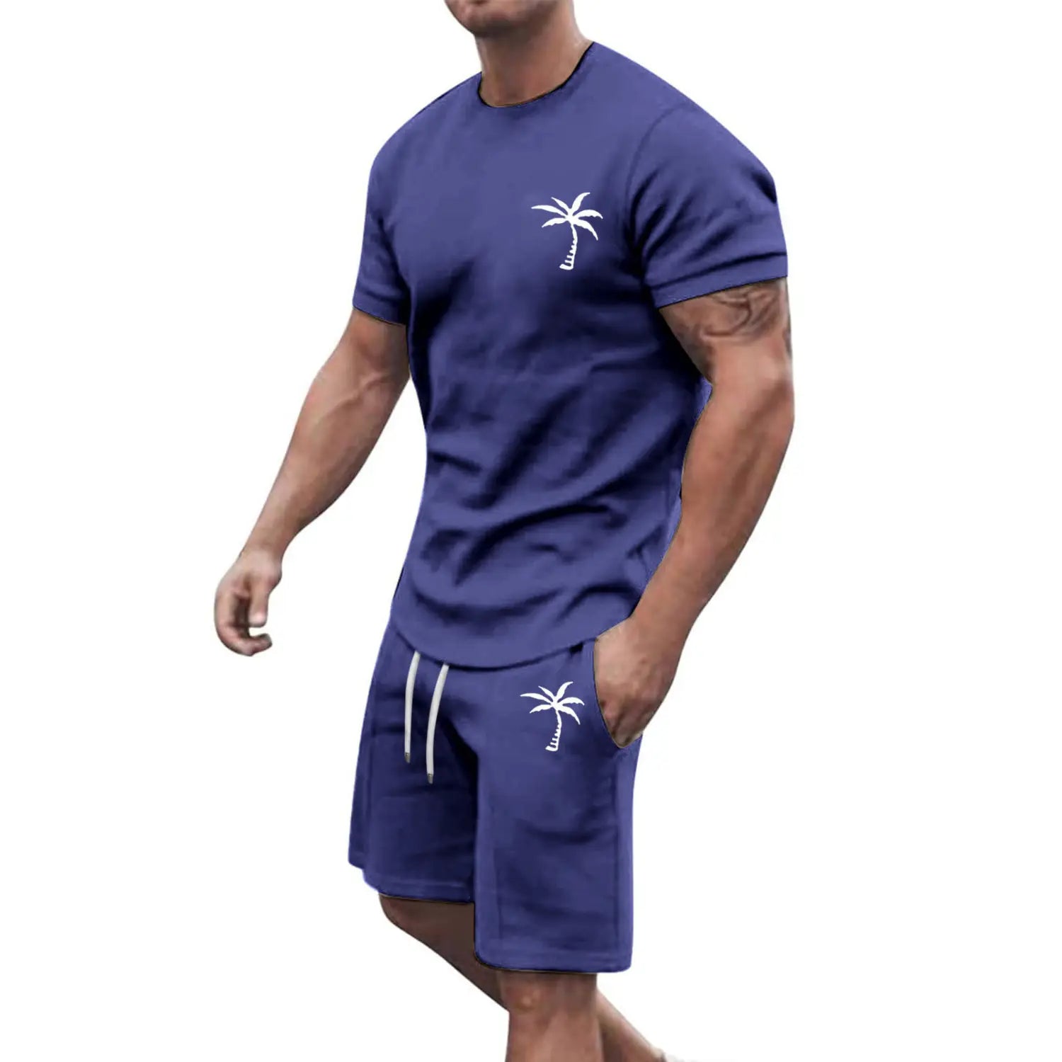 navy blue tropical palm tree short sleeve athletic set featuring a short-sleeved tee and matching shorts with white palm tree embroidery for workout and casual wear