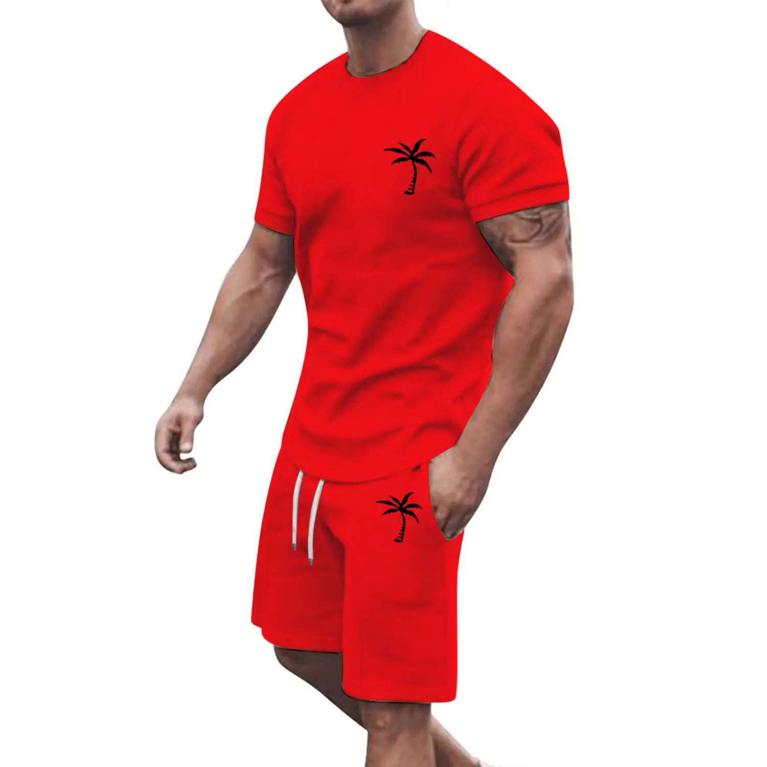Red tropical-themed short sleeve athletic two-piece set with black palm tree embroidery on the chest and thigh designed for activewear.