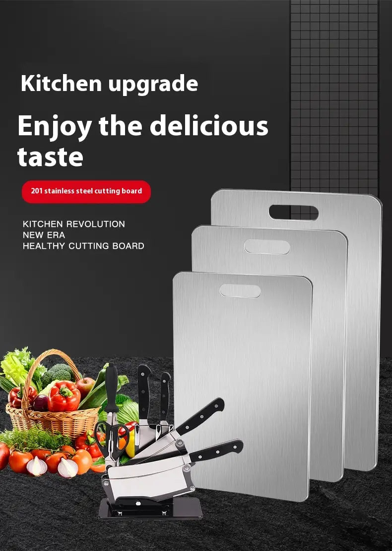 Ensemble de trois planches à découper élégantes en acier inoxydable brossé, avec poignées intégrées et propriétés anti-moisissure, pour un usage hygiénique en cuisine.