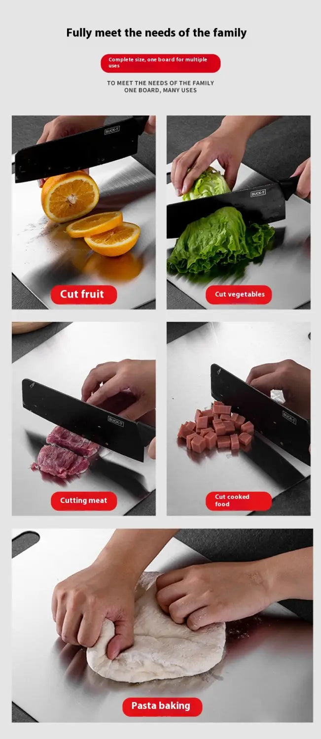 Planche à découper en acier inoxydable avec poignée et plaque anti-moisissure, illustrée avec un couteau de chef en acier inoxydable à manche noir coupant des fruits, des légumes, de la viande et des aliments cuits.