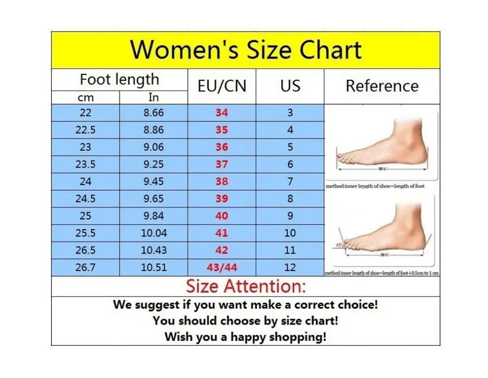 Women’s flyknit elastic back strap flat sandals size chart showing foot length measurements in centimeters and inches with corresponding EU CN and US shoe sizes and foot illustration diagrams for reference.