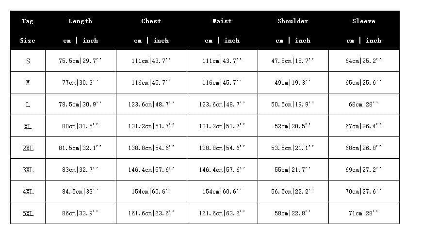 Size chart for men’s casual ribbed cotton blend stand collar shirt showing garment measurements in centimeters and inches for sizes s through 5xl.