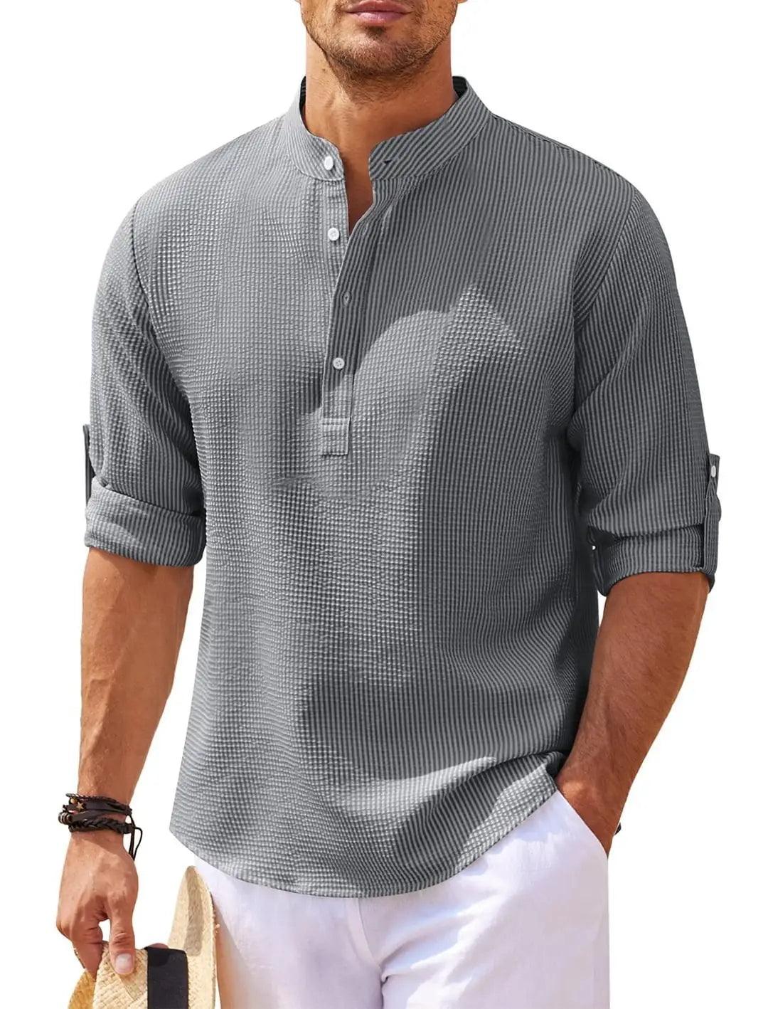 Men’s casual ribbed cotton blend stand collar shirt featuring gray and white vertically striped lightweight textured cotton with a mandarin collar.