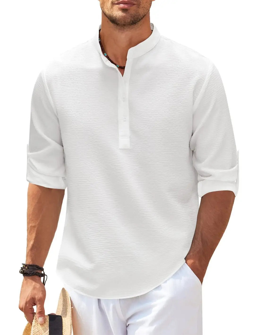 Men’s casual ribbed cotton blend henley shirt in white with textured fabric and rolled sleeves.