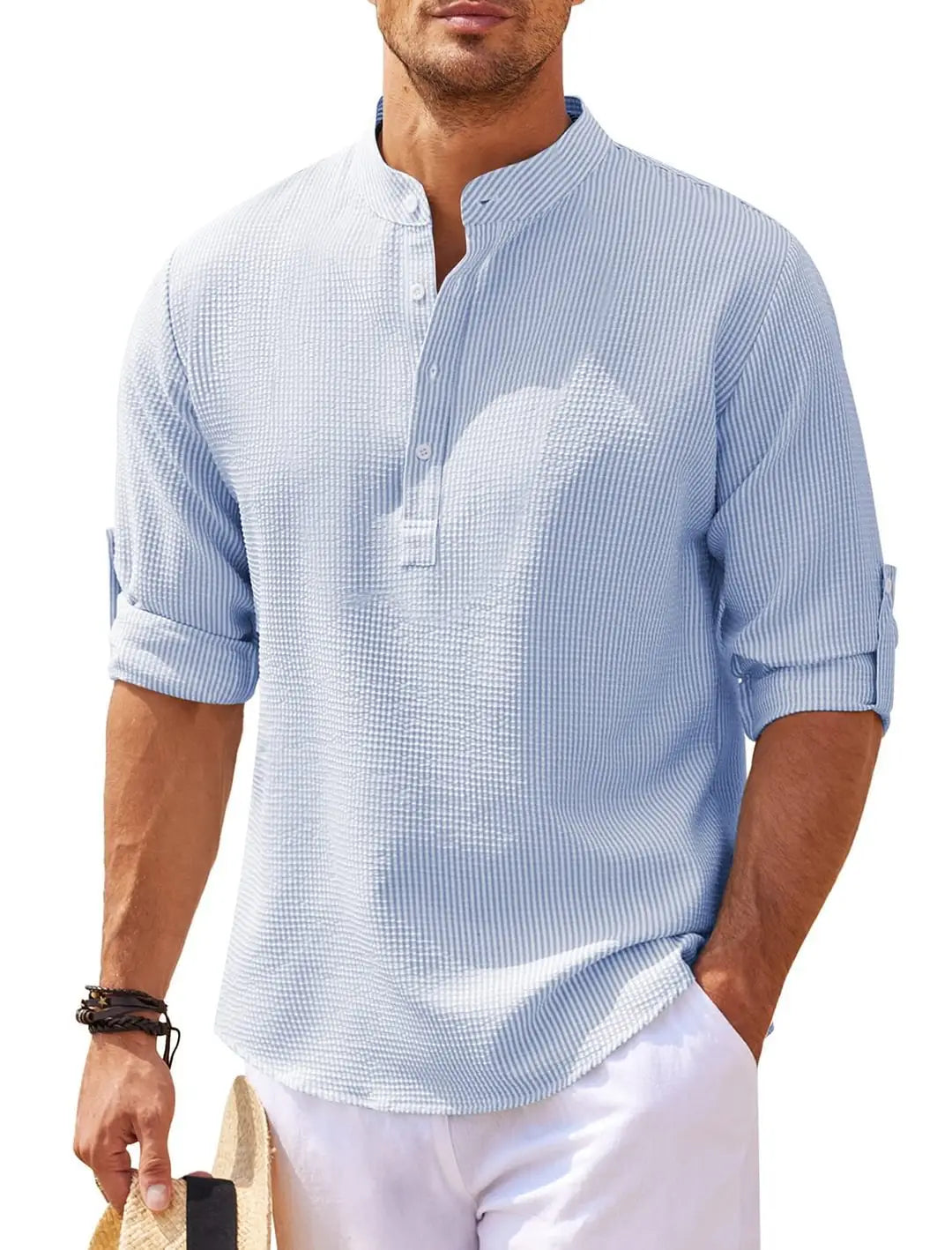 Men’s casual ribbed cotton blend stand collar shirt in light blue and white vertically striped breathable waffle-knit cotton with rolled up sleeves.