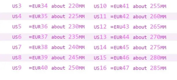A chart displaying shoe size conversions between US EU and UK systems with corresponding millimeter measurements for pointed toe woven buckle flat mule sandals.