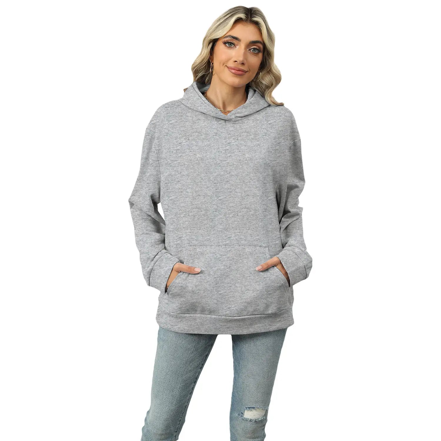 A soft heather gray fleece hooded sweatshirt for women featuring a relaxed fit and front pockets.