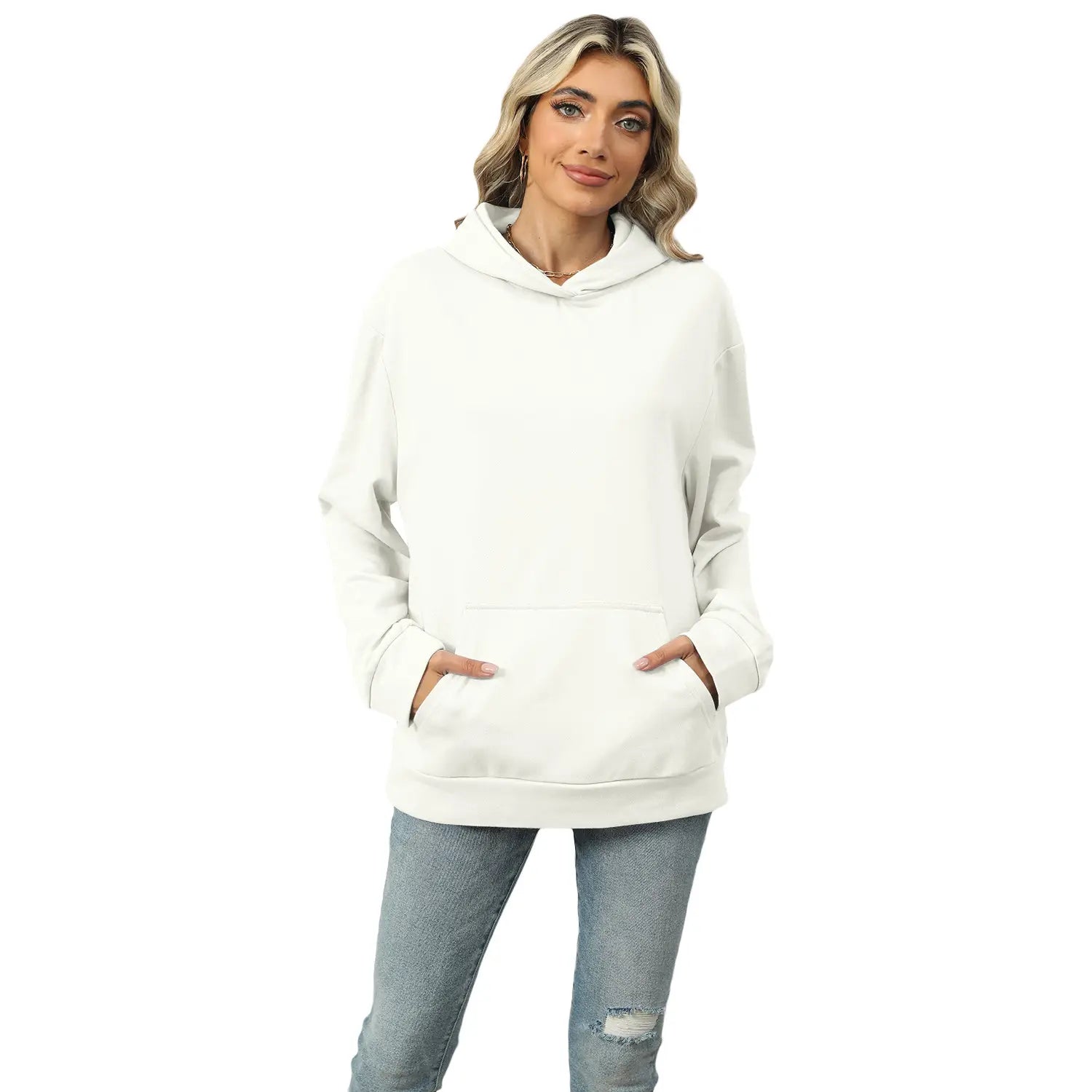 A soft off-white women’s oversized heather fleece hoodie with a relaxed fit and front pockets.