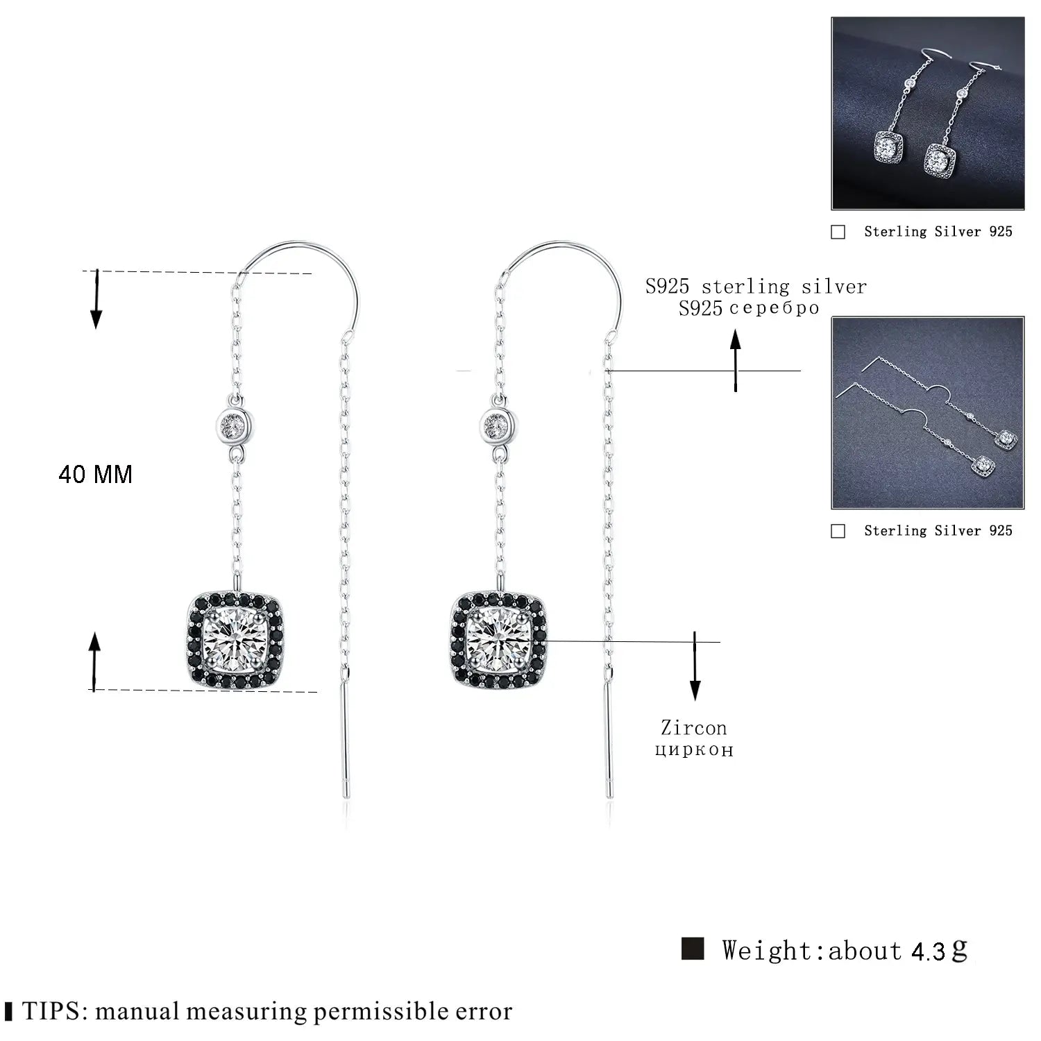 silver plated zircon square drop earrings with black and clear zircon stones featuring a square centerpiece crafted from s925 sterling silver