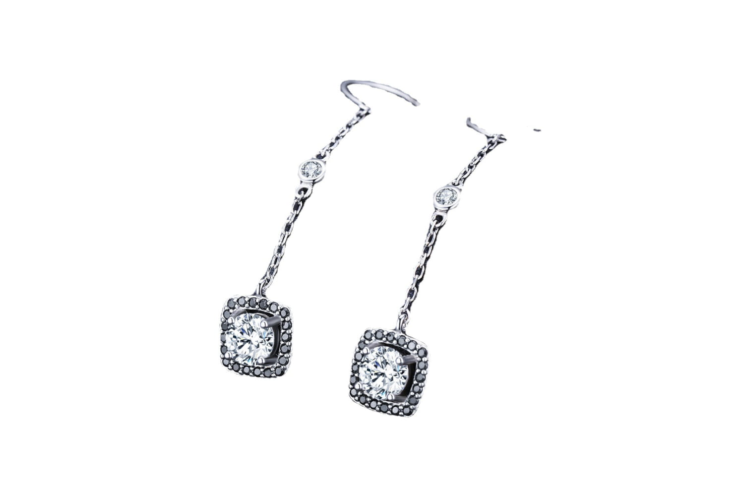 Elegant silver plated zircon square drop earrings featuring a central round diamond encircled by smaller black stones in a square setting with delicate chain links and tiny accent stones along the dangle.