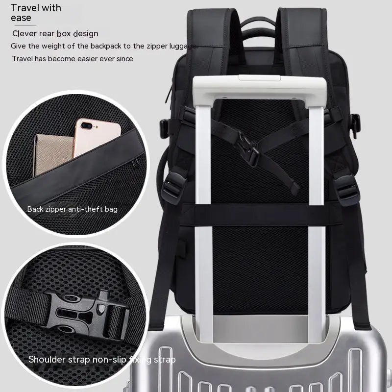 Black Bange 16 inch waterproof laptop travel backpack with a sleek durable design and integrated handle for easy rolling luggage attachment shown from the back side.
