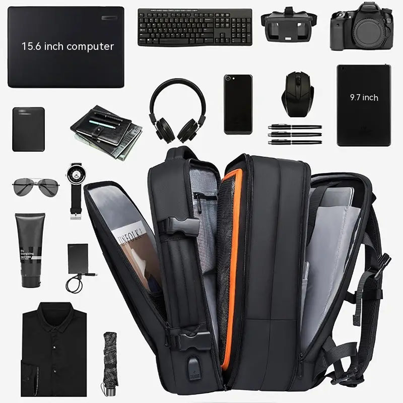 bange 16 inch waterproof laptop travel backpack in black with orange zipper accents and multiple compartments for organized storage