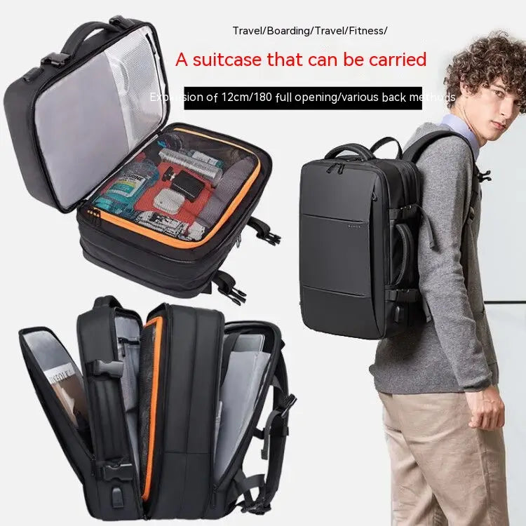 black multifunction travel backpack with orange lining and multiple compartments designed by Bange 16 inch waterproof laptop travel backpack.